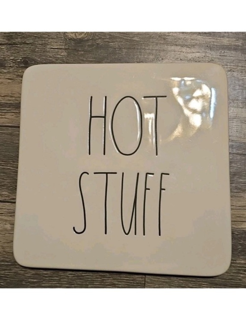 Rae Dunn White W/Black Lettering "HOT STUFF" Hot Plate 8"X8" Artisan Collection